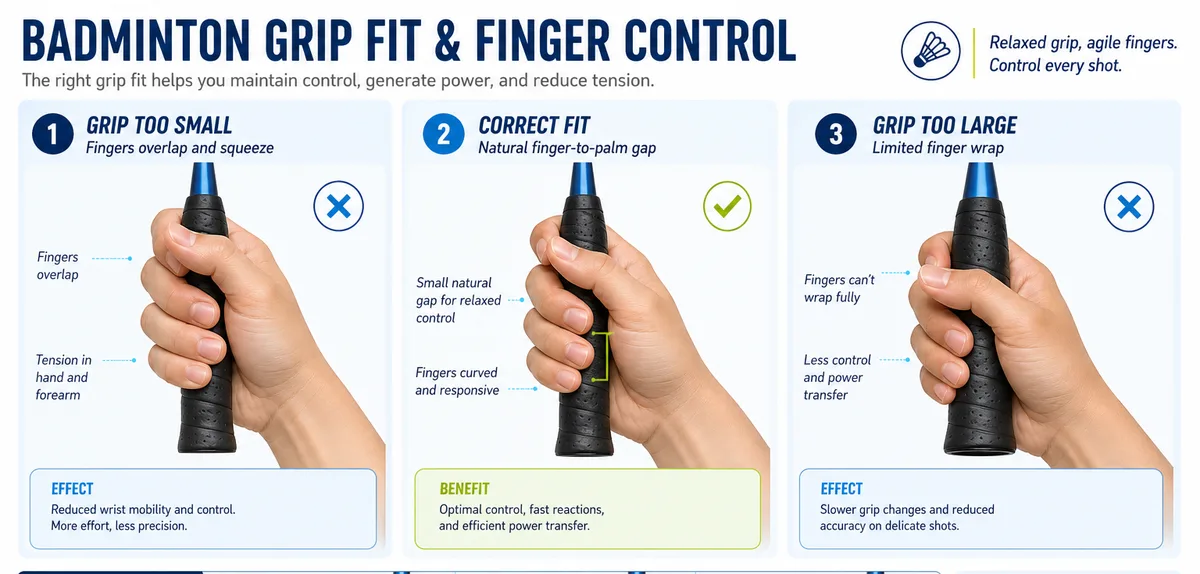 Badminton grip fit comparison showing overlapping fingers, a relaxed natural gap and a handle that is too large