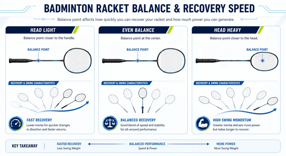 Head-light, even-balance and head-heavy badminton rackets compared by recovery speed and swing momentum