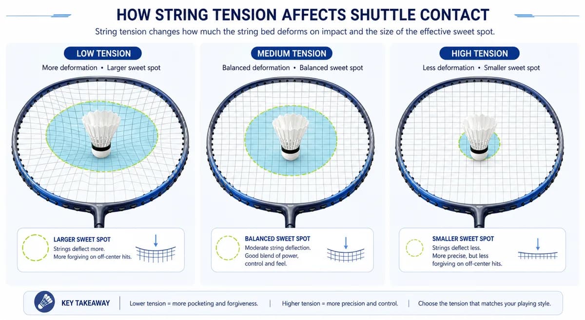 Comparison of string-bed deformation and sweet-spot size at low, medium and high badminton string tension